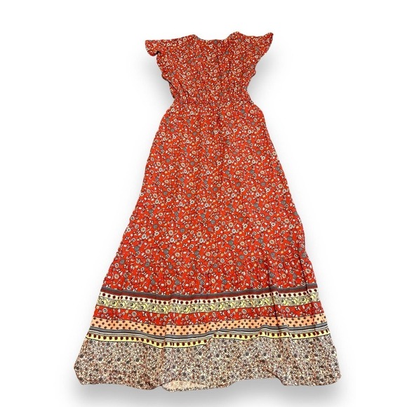 Behop Damask Floral Bohemian Maxi V-neck Dress Women's Red M - Picture 3 of 11